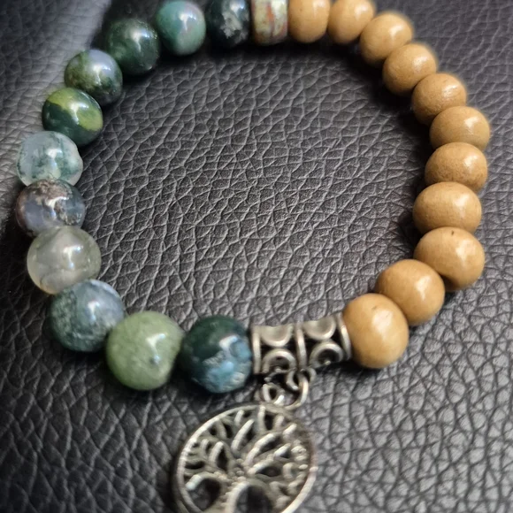 Tree Of Life Braclet! Handmade With Natural Moss Agate And Mala Beads! - Picture 7 of 12